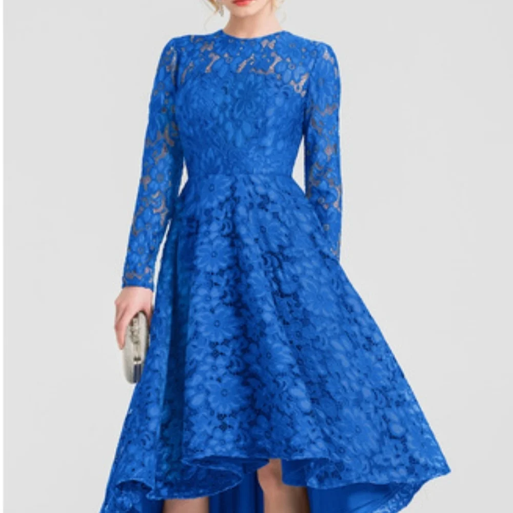 high low dress royal blue Royal Blue See Through Lace Long Sleeve V-neck High Low Prom Dresses ,   AlineBridal